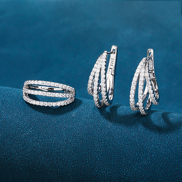 925 Sterling Silver Zircon Ring Earring Set Three Line Design Trendy Bridal Wedding Party Jewelry Women Fashion Accessories Gift