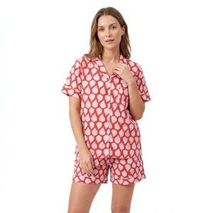 Ensemble de pyjama court élégant 100% coton pour femmes, imprimé floral à la main, respirant, doux, vêtements de nuit en tricot pour l'été, printemps, automne - Product Image 1