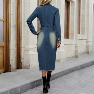 Robe mi-longue sexy pour femme à manches longues, col rabattu, fente et franges - 218755 - Product Image 3