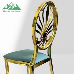 Sedia da banchetto Wayon Luxury in acciaio inossidabile dorato con cuscino blu, schienale geometrico tagliato al laser e gambe in bambù - Product Image 3