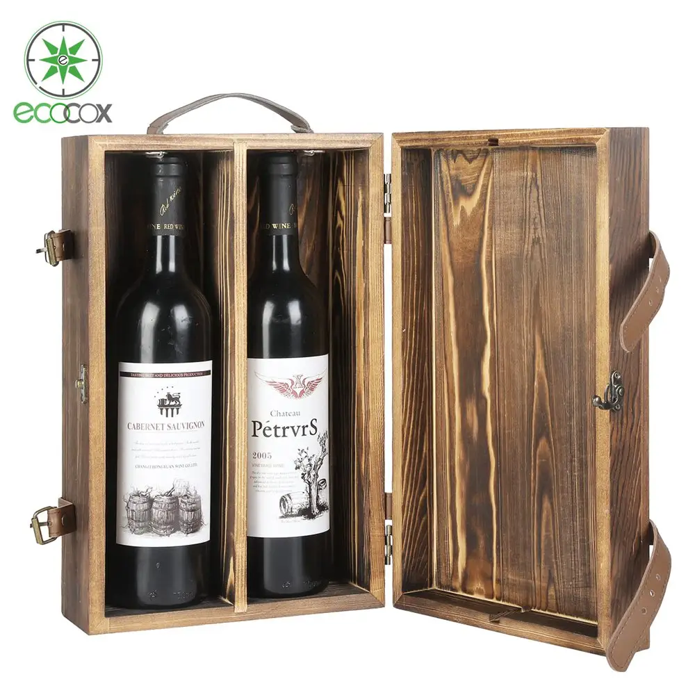 Caja de madera decorativa para botellas de vino con tapa con cierre, estuche de transporte con asa superior de cuero sintético