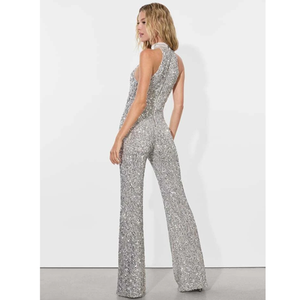 Women's Elegant Sexy Anti-Wrinkle Rhinestone Sequin Stand Collar <b>Jumpsuit</b> Regular Fit Flare-Leg Formal <b>Party</b> Summer Solid Nylon - Product Image 2