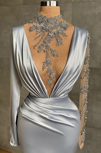 Gaun <span class=keywords><strong>Prom</strong></span> putri duyung Satin Ruffles, gaun pesta pernikahan pengiring pengantin pesta dekorasi renda lengan panjang elegan - Product Image 2