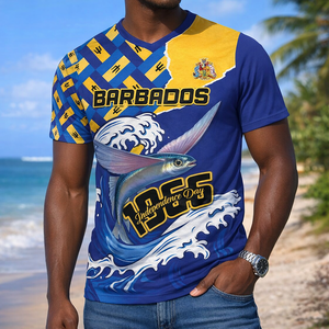 Barbados <span class=keywords><strong>Emancipation</strong></span> Day Hombres Camiseta con cuello en V Freedom and Unity Custom Barbados logo Camisetas para hombres - Product Image 1