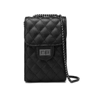 SZB010 çin fabrika telefon muhtasar kadın omuz çantaları zincir kapitone Lychee desen lüks PU deri crossbody çanta telefon kılıfı