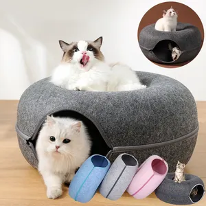 Kedi Donut tünel yatak Pet interaktif oyuncak yavru eğitim keçe kediler ev yuva çıkarılabilir yatak ile fermuar
