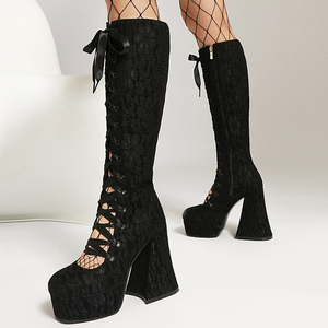 Summer Front Cut Out Knee High Boots Women's Lace-up Platform Chunky <b>Heels</b> Long Booties Sexy <b>Round</b> <b>Toe</b> Lace Shoes - Product Image 4