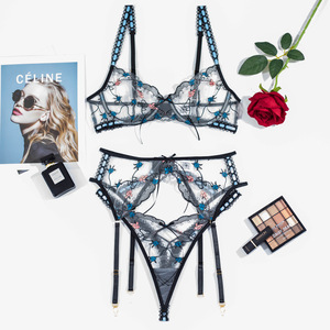 Set Tiga Potong Garter Belt Bordir Sutra Hitam Seksi dengan Cincin Baja untuk Wanita, Lingerie Erotis Transparan - Product Image 4