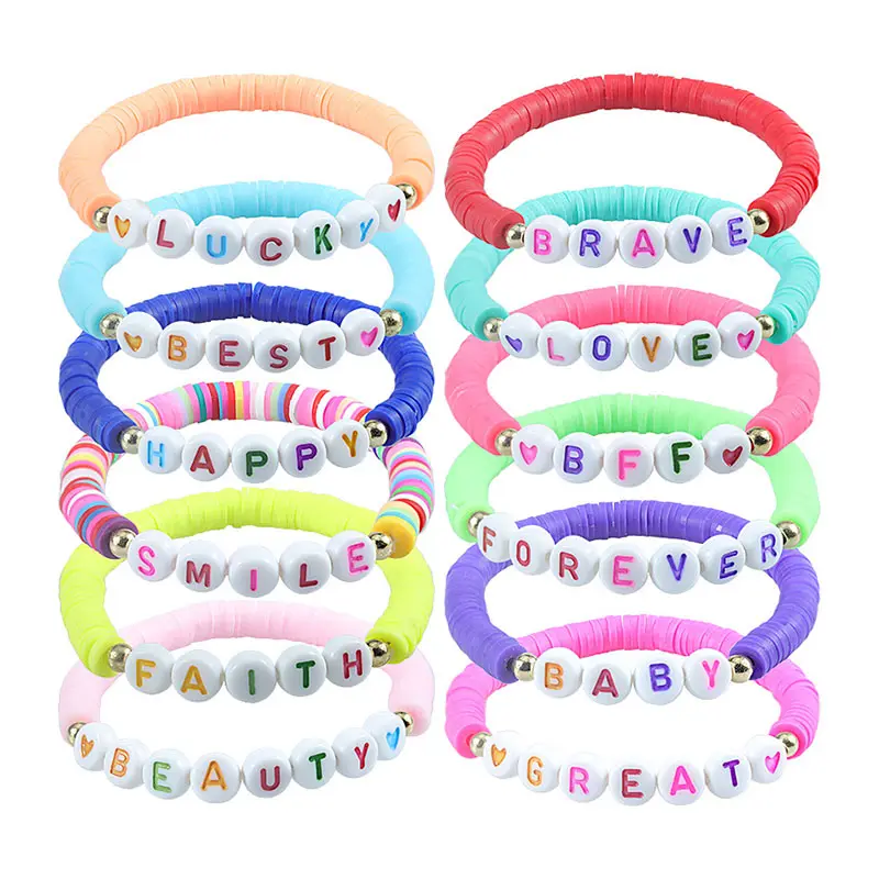 Pulseira de contas de argila acrílica colorida para bebês, joia fashion feminina e meninas com letras e alfabeto Faith Smile