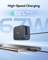 Chargeur mural rapide Baseus 67W PD avec câble USB-C rétractable intégré, adaptateur secteur de voyage 3 ports avec prise pliable pour ordinateur portable et téléphone