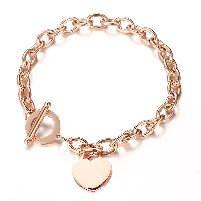 Heart Charm Bracelet Link Chain Stainless Steel Bracelet Toggle Clasp For Women Jewelry