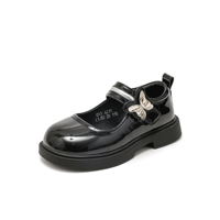 Chaussures de campus noires en PU pour enfants, avec sangle réglable et décor papillon, chaussures d'uniforme scolaire pour filles avec fermeture auto-agrippante, respirantes