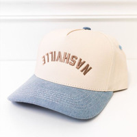 Gorra de Béisbol Estilo Cowboy con Visera de Mezclilla Lavada de 5 Paneles y 2 Tonos, con Logotipo Bordado Personalizado, Retro Vintage, Ajustable con Cierre a Presión