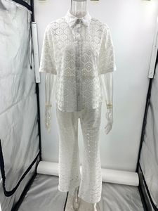 New Women's Lapel Hollow Lace Short Sleeve Top <b>Pants</b> Casual 2 Piece Set Fashion - Product Image 5