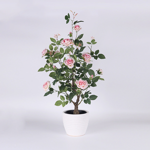 2021 Home Decor Office Desk Decoration Indoor Artificial Faux Fake Plastic Bonsai Rose Plant And Flower Rose Tree In Pot