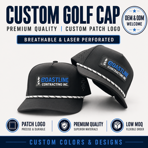 Boutique 5 Panel Solid <b>Waterproof</b> Golf Cap Custom Silicone Logo Low MOQ OEM Laser Perforated Flat Bill Dimensional Badge Trim - Product Image 1