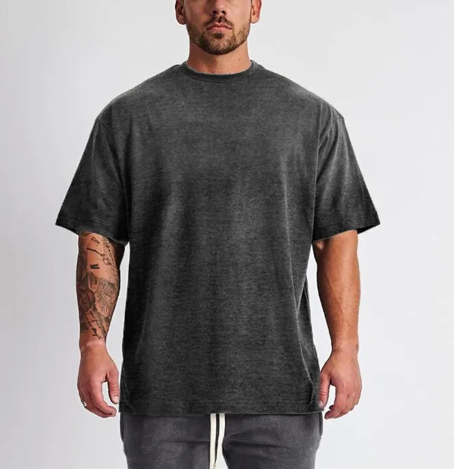 Yali Custom logo streetwear heavy weight t-shirt printing black cotton heavyweight drop shoulder thick blank tshirt