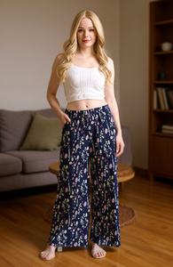 Pantalones Anchos de Mujer con Estampado Floral, Cintura Alta, Corte Holgado, Cintura Elástica, Chifón, Casuales, de Verano - Product Image 2