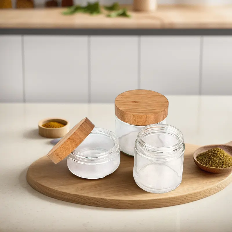 glass jar manufacturer wholesale 730ml round glass food container with bamboo wood lid