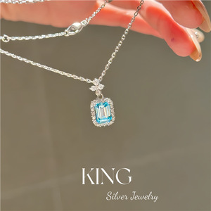 King Silver Jewelry Aquamarine <b>Pendant</b> Necklace S925 Sterling Silver <b>Emerald</b> Cut Pave Setting Fashion Gift Jewelry - Product Image 3