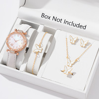 Ensemble de bijoux 5 pièces pour femmes : Bracelets papillon porte-bonheur, Charmes en émail blanc et rose, Montres dorées, Bracelet, Collier ras-du-cou, Bague et Boucles d'oreilles