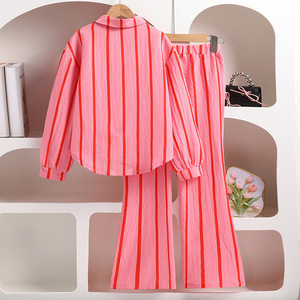 2025 adolescent printemps automne rose rouge rayé chemise pantalon évasé ensemble Offre Spéciale nouvelle mode filles tenue douce filles vêtements ensembles - Product Image 2