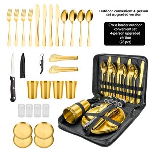 Altın Paslanmaz Çelik Kamp Çatal Bıçak Takımı 28 Parça Açık Hava Yemek Seti 4 Kişilik PVD Ayna Cilalı Taşınabilir Kılıf - Product Image 5