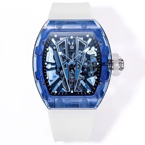 Montre mécanique avant-gardiste en cristal bleu, boîtier tonneau, design squelette tourbillon, automatique, sport, mode, bracelet blanc - Product Image 2