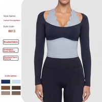 TongJoes Ensemble de yoga color-block effet deux pièces avec haut long en dentelle à col licou, coupe ajustée, respirant, polyvalent, pour le sport et le fitness, à manches