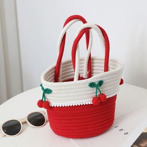 Handmade Cotton Thread Small <b>Bag</b> Cute Cherry Design Versatile <b>Straw</b> <b>Bag</b> for Women New Craft Woven <b>Bag</b> for Seaside Vacation - Product Image 3