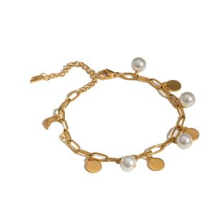 18K Gold-plated Stainless Steel Imitation <b>Pearl</b> <b>Bracelet</b> Fashionable Geometric Circular Simple <b>Bracelet</b> - Product Image 1