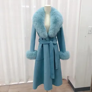 Элегантное модное двухстороннее шерстяное пальто с узким поясом синее длинное стильное 100% кашемировое пальто с мехом на заказ