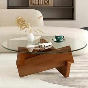 क्रिएटिव लॉग कॉफी सेंटर टेबल, भंडारण के लिए खुली अलमारियों के साथ साइड टेबल, ग्लास और ठोस लकड़ी की कॉफी टेबल