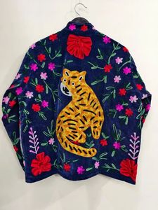 Hand Embroidered Breathable Cotton Velvet Safari <b>Jacket</b> <b>Mandarin</b> <b>Collar</b> Full Sleeve Floral Pattern Tiger Design Women's Finished - Product Image 5