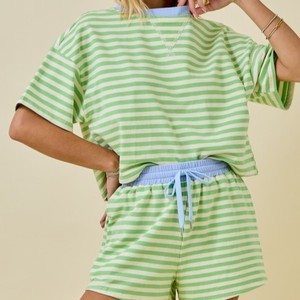 Conjunto de Dos Piezas de Sudadera de Manga Corta a Rayas con Cuello Redondo para <span class=keywords><strong>Mujer</strong></span>, Logotipo Personalizado, Venta al Por Mayor, Fabricante - Product Image 2