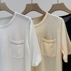 Minimal Knit T-Shirt for Women, Old Money Style Short Sleeve <b>Top</b> with Pocket Detail, Elegant Premium Vibe - Product Image 2