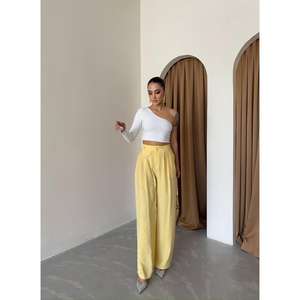 Pantalones Casuales Amarillos de Pierna Recta y Corte Holgado, Transpirables, con Pliegues, Bolsillos con Solapa, Cierre Elástico en la Cintura, Talla XL, Lavado de Color - Product Image 1