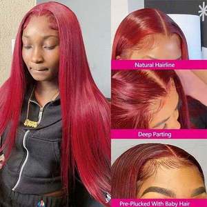 Perruque Lace Front 13x6 en <span class=keywords><strong>Cheveux</strong></span> Brésiliens Rouge Bordeaux Lisses et Soyeux avec Ondulations Profondes, Pré-Pluckée, <span class=keywords><strong>Cheveux</strong></span> Vierges # 99J - Product Image 6