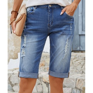 Shorts de mezclilla para mujer, de cintura media, corte recto, casuales, con dobladillo, versátiles, estilo retro, hasta la rodilla - Product Image 4