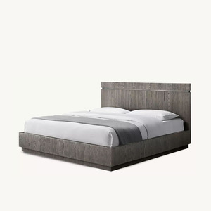 Lit en chêne naturel minimaliste sophistiqué avec tête de lit incrustée de rayures dorées et base en plinthe massif pour chambre à coucher, personnalisable OEM - Product Image 6