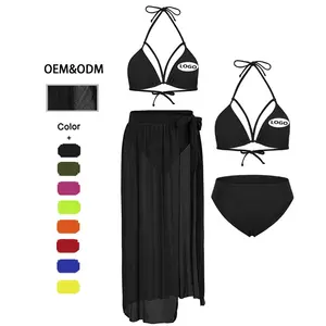 2021三件G串漂亮泳衣比基尼透明泳衣，带裙子和泳衣定制标志