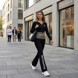 Trendy Women's 2 Piece Set Leopard Print Patchwork Cropped Zip Up Hoodie and High Waist Flare Pants Set Y2K Aesthetic Streetwear - Product Image 1