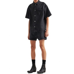 Chemises en jean pour hommes, coupe ample, 100% coton, noir délavé, manches courtes, fermeture boutonnée - Product Image 2