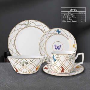 Nouvelle conception, assiette en céramique à bord doré en forme de papillon, service de vaisselle en porcelaine osseuse, avec assiette plate pour dessert et pain, 20/24 pièces, style INS - Product Image 6
