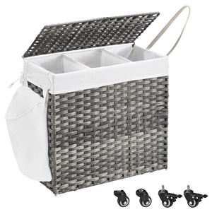 SONGMICS Clothes Dirty Storage <strong>Baskets</strong> <strong>on</strong> <strong>Wheels</strong> <strong>Laundry</strong> <strong>Basket</strong> 3 Compartments Collapsible <strong>Laundry</strong> Hamper with Lids and <strong>Wheels</strong> - Product Image 2