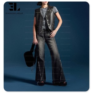 Larsur tùy chỉnh nhà máy phụ nữ đau khổ rửa bùng jeans Y2K eo cao đẩy lên ren lên cạnh thô bootcut bùng denim quần phụ nữ - Product Image 6