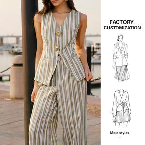 कस्टम ग्रीष्मकालीन महिला व्यवसाय सूट दो टुकड़े सेट स्लीवलेस बनाम गर्दन स्ट्रिप्ड शीर्ष चौड़े पैर पैंट कार्यालय सुंदर - Product Image 1