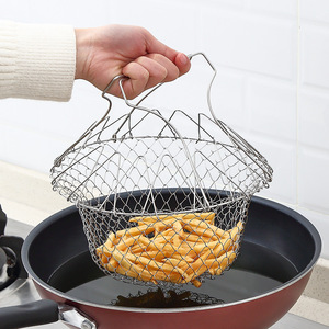 Stainless Steel Folding Frying Basket Round Mesh Oil Draining Kitchen Gadget For Vegetables And Frying Easy Cleaning - Product Image 1