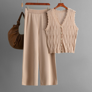 Conjunto de 2 Piezas para Mujer, Nuevo Cárdigan Sencillo Holgado sin Mangas, Pantalones Anchos de Punto, a la Moda - Product Image 5