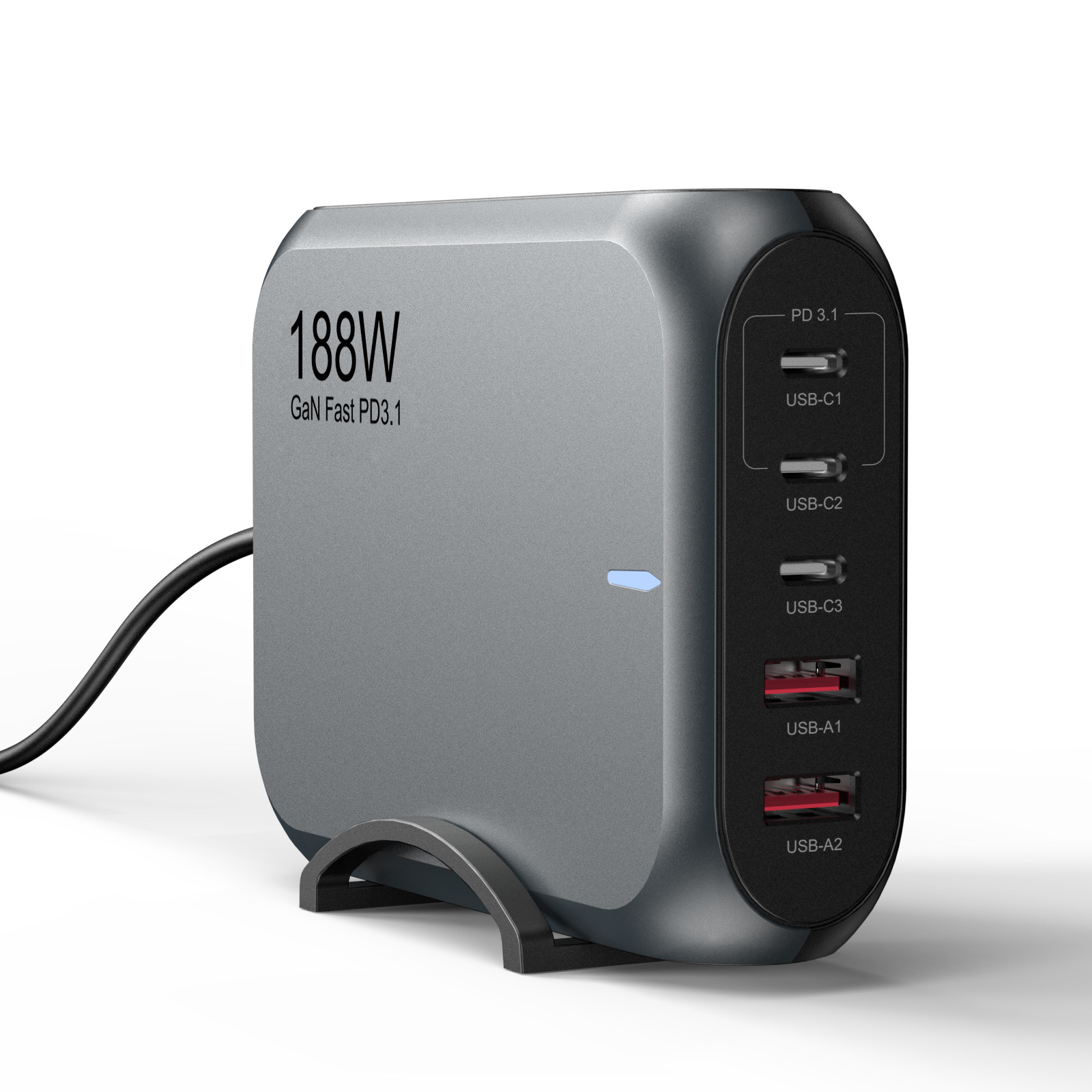 188W/140W GaN Multi-Port Desktop Charger | 5-Port PD 3.1 Fast USB-C Charger 3C2A with EU, US, UK &amp; AU Travel Plugs
